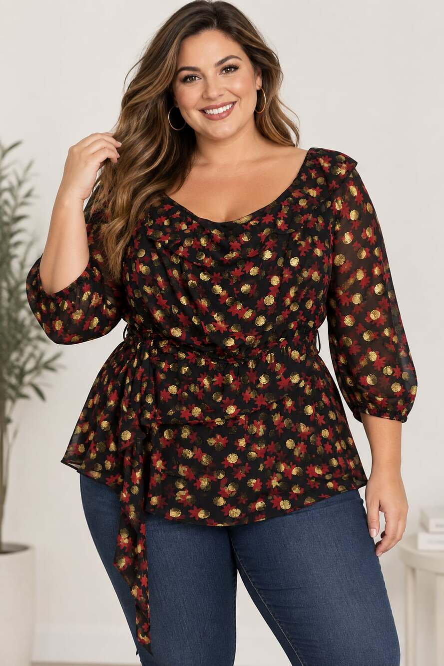 Lane Bryant Ruffle Tie Waist Blouse Size 18/20 Black Red Gold Foil Print